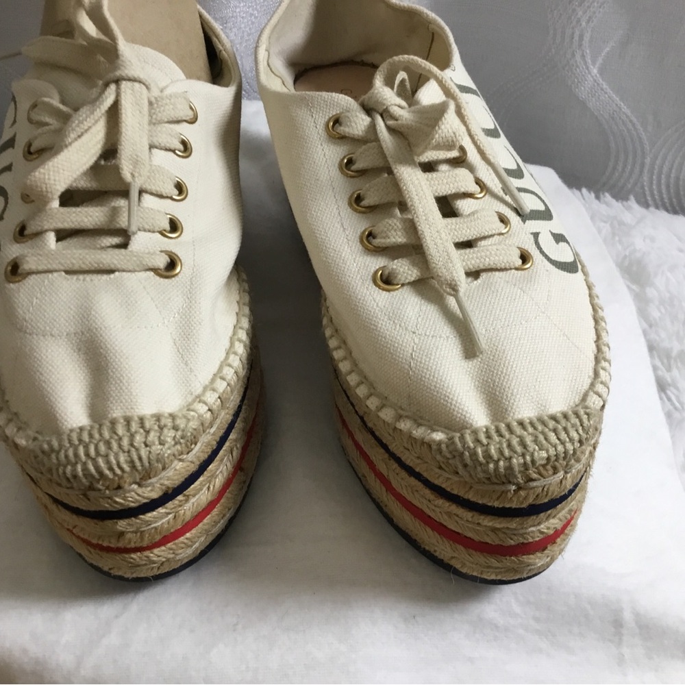 Gucci Cream Canvas Platform Espadrille Sneakers with Web Stripe - Picture 5 of 15
